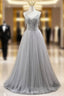 Gray Tulle Spaghetti Straps Beading Pearls Formal Prom Dresses