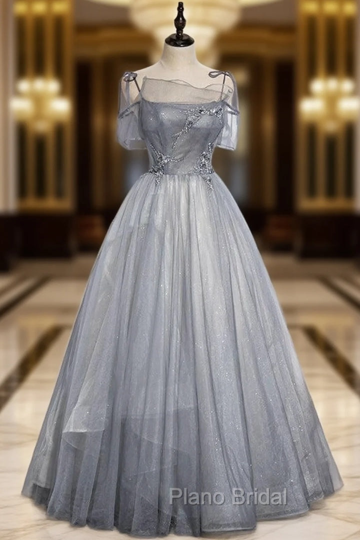 Gray Tulle Spaghetti Straps Beading Formal Prom Dresses