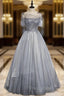 Gray Tulle Spaghetti Straps Beading Formal Prom Dresses