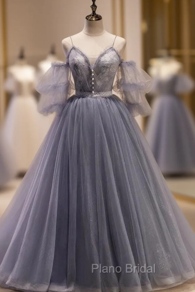 Gray Tulle Spaghetti Straps Button Formal Prom Dresses Main image