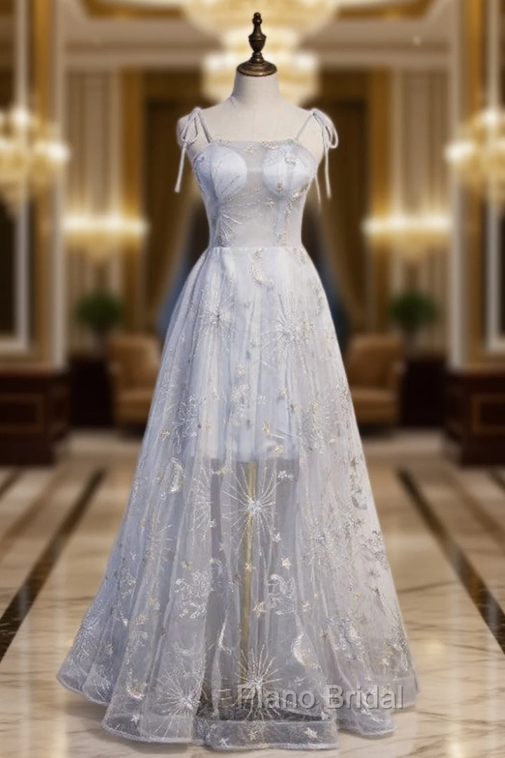 Gray Tulle Spaghetti Straps Embroidery Formal Prom Dresses