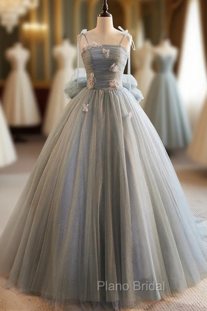 Gray Tulle Spaghetti Straps Flower Formal Prom Dresses Main image