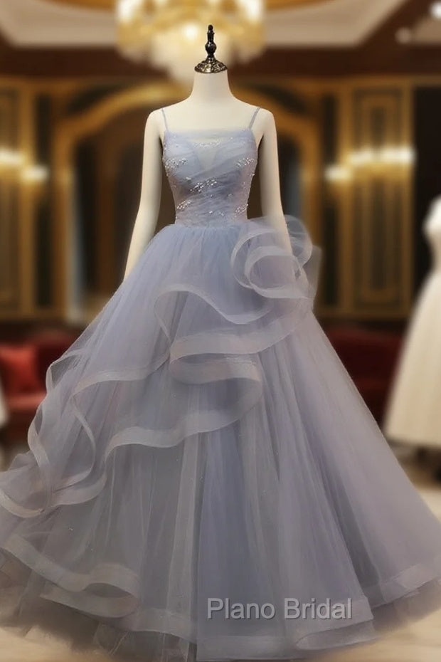 Gray Tulle Spaghetti Straps Pearls Formal Prom Dresses Main image