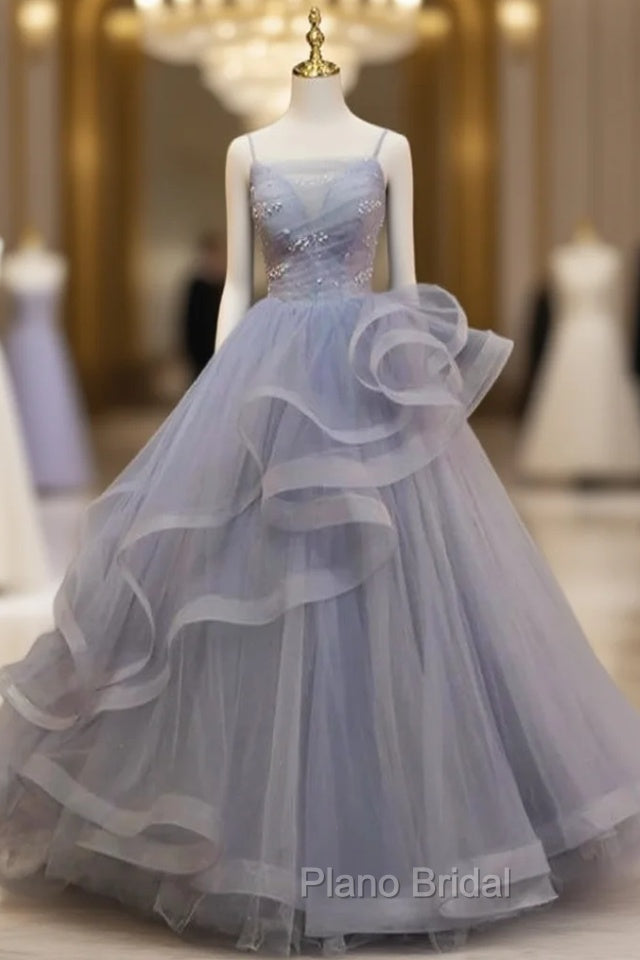 Gray Tulle Spaghetti Straps Pleats Pearls Formal Prom Dresses Main image
