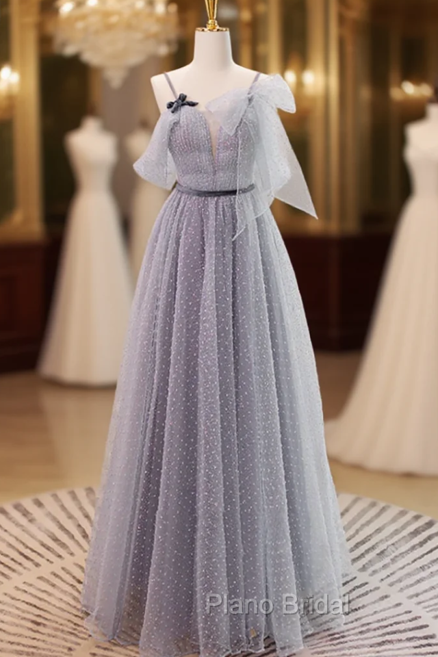 Gray Tulle Spaghetti Straps Pleats Formal Prom Dresses Main image