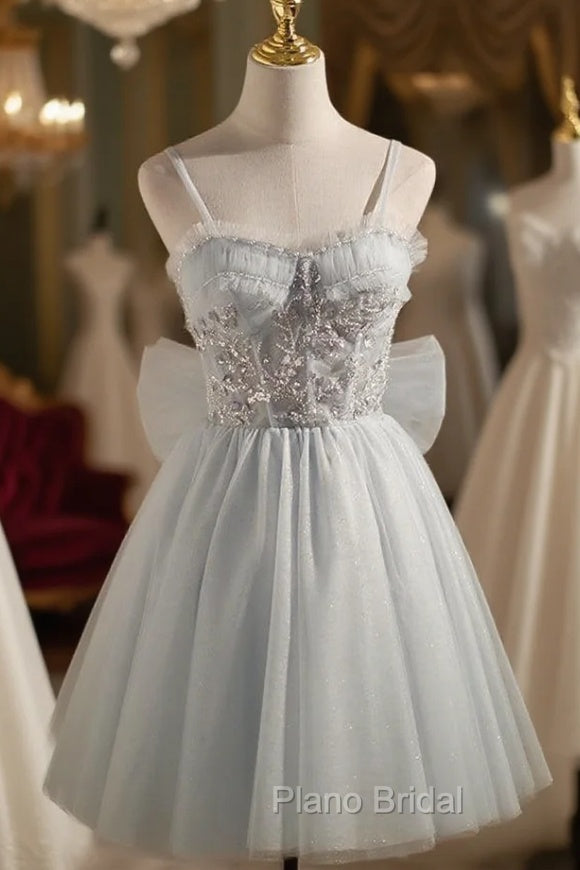 Gray Tulle Spaghetti Straps Sequins Homecoming Dresses Main image