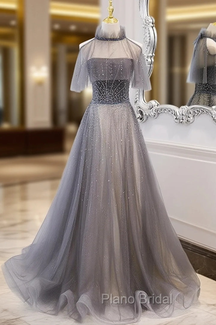Gray Tulle Strapless Beading Formal Prom Dresses With Shawl