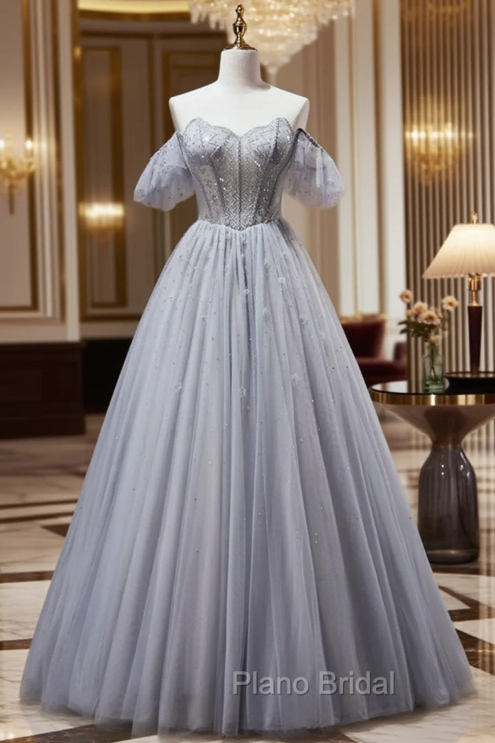 Gray Tulle Strapless Beading Formal Prom Dresses Main image
