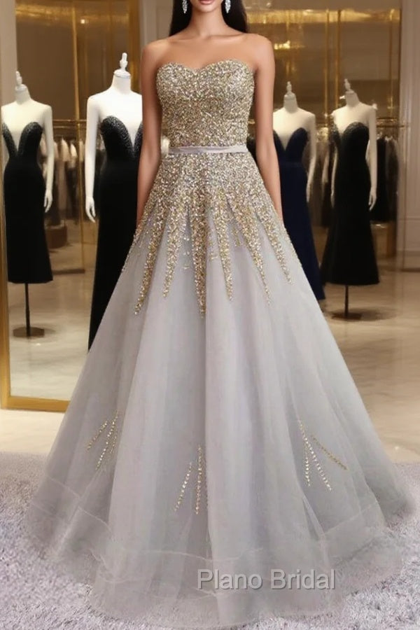 Gray Tulle Strapless Beading Sequins Formal Prom Dresses Main image