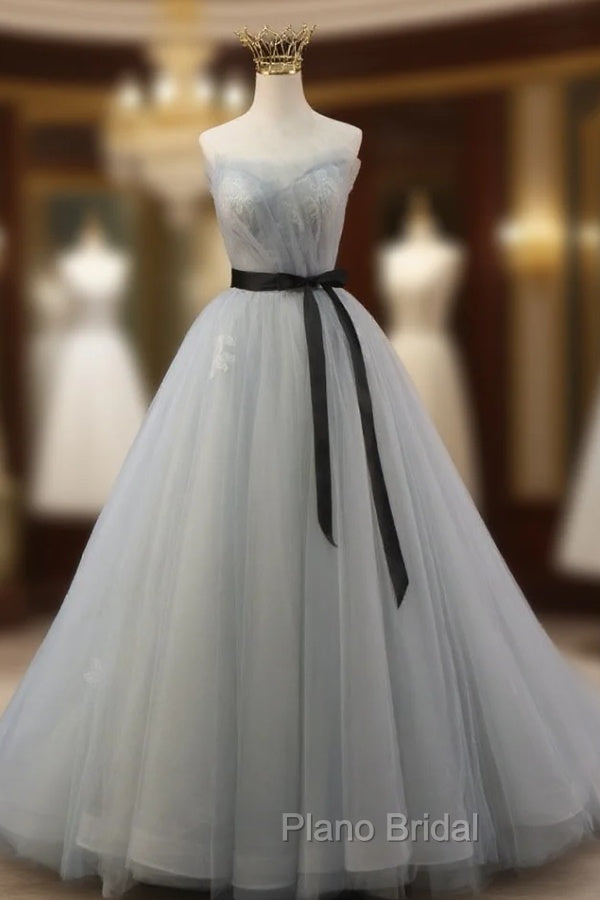 Gray Tulle Strapless Lace Pleats Formal Prom Dresses