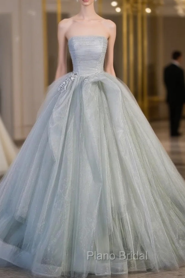 Gray Tulle Strapless Pleats Formal Prom Dresses Main image