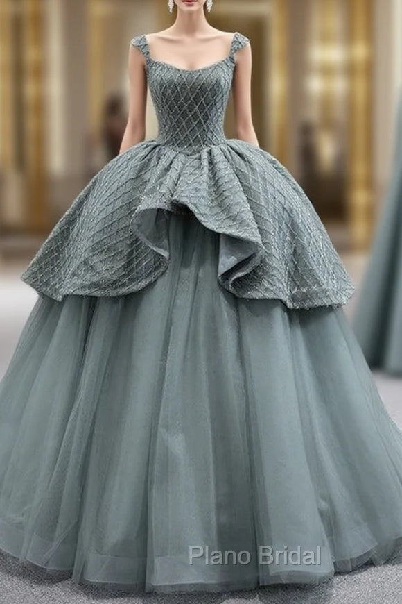 Gray Tulle Straps Beading Formal Prom Dresses