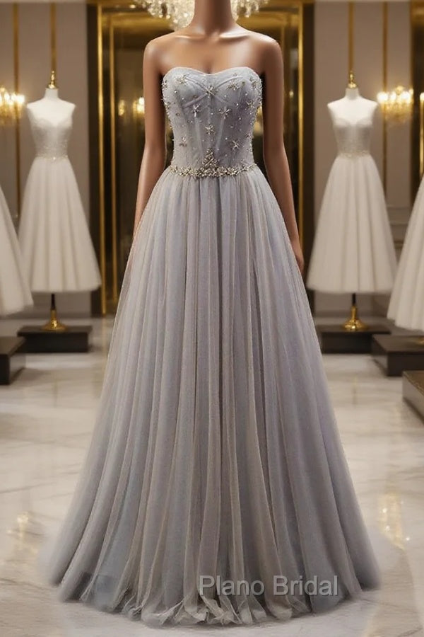 Gray Tulle Sweetheart Beading Formal Prom Dresses