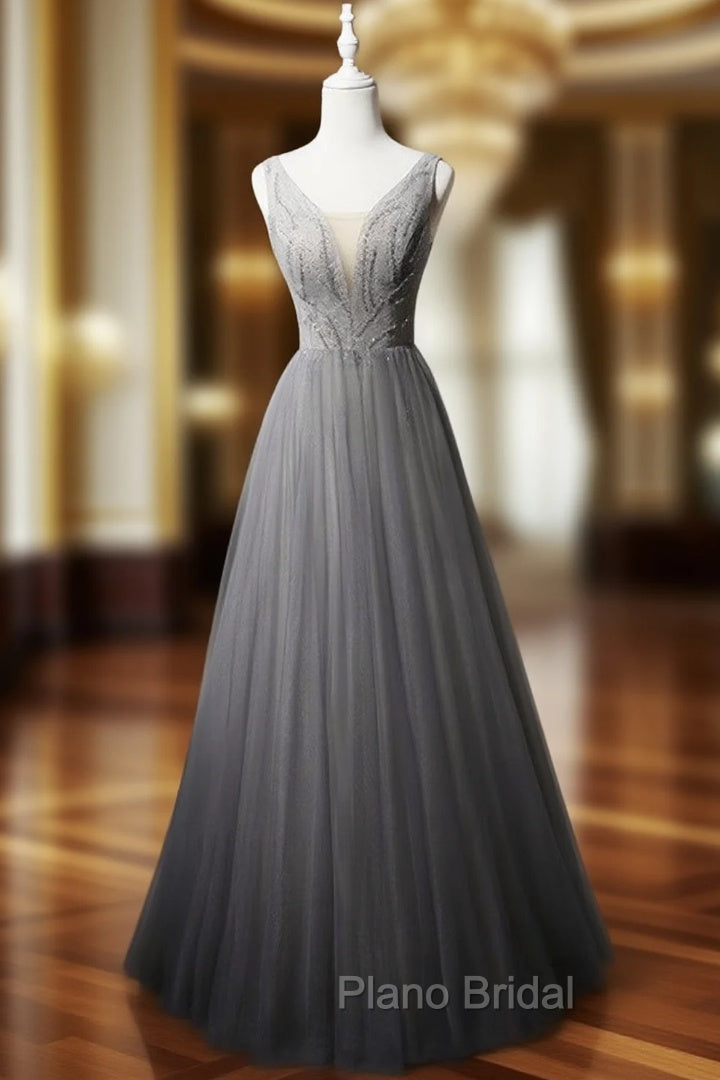 Gray Tulle V-neck Beading Formal Prom Dresses Main image