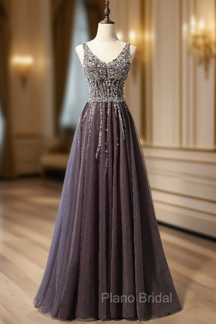 Gray Tulle V-neck Beading Sequins Formal Prom Dresses