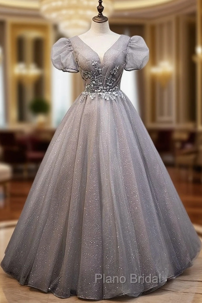 Gray Tulle V-neck Puff Sleeve Beading Formal Prom Dresses Main image