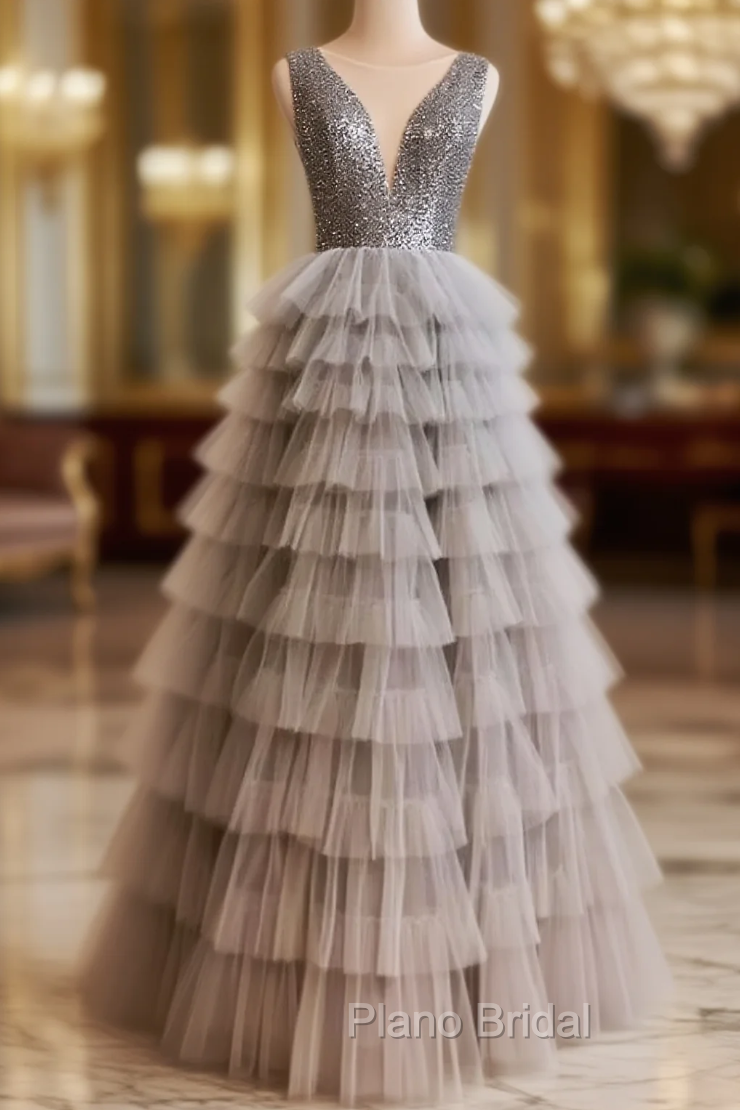 Gray Tulle V-neck Sequins Tiers Formal Prom Dresses Main image