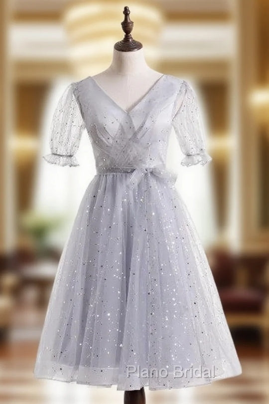 Gray Tulle V-neck Short Sleeve Formal Prom Dresses Main image