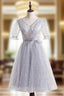 Gray Tulle V-neck Short Sleeve Formal Prom Dresses