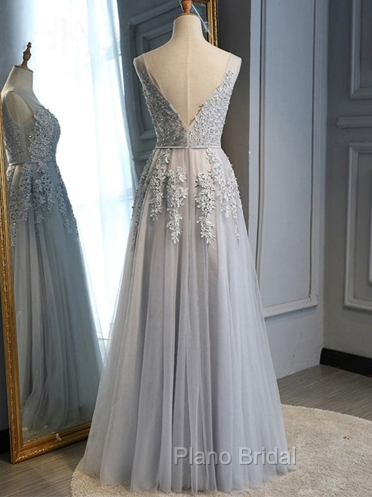 Gray Tulle with Lace Long Formal Prom Dresses, A-line Floor Length Gray Evening Dresses, Gray Bridesmaid Dresses Secondary image