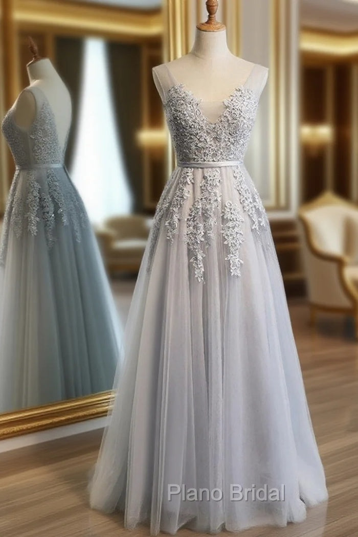 Gray Tulle with Lace Long Formal Prom Dresses, A-line Floor Length Gray Evening Dresses, Gray Bridesmaid Dresses Main image