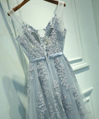 Gray V Neck Lace Tulle Long Prom Dress, Lace Evening Dress