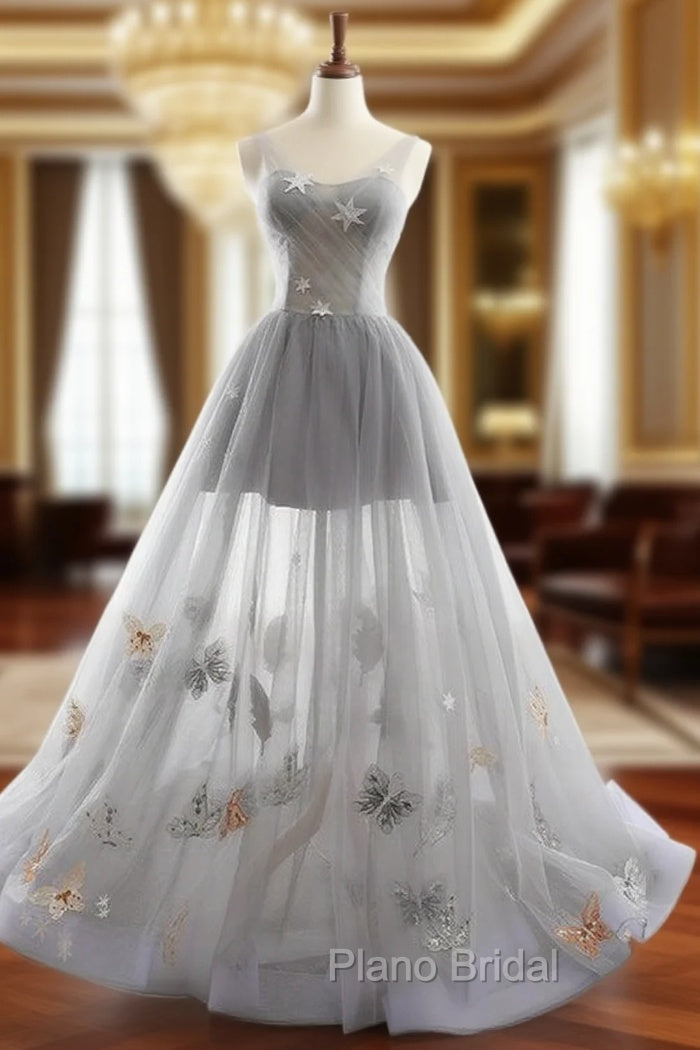Gray V-neck Tulle Backless Butterfly Floor Length Wedding Dresses