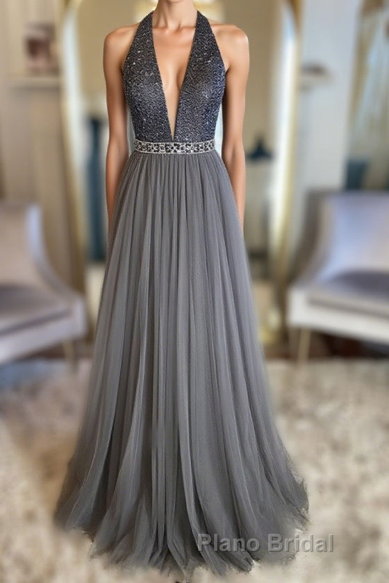 Gray v neck tulle beads long Formal Prom dress, gray tulle formal dress Main image