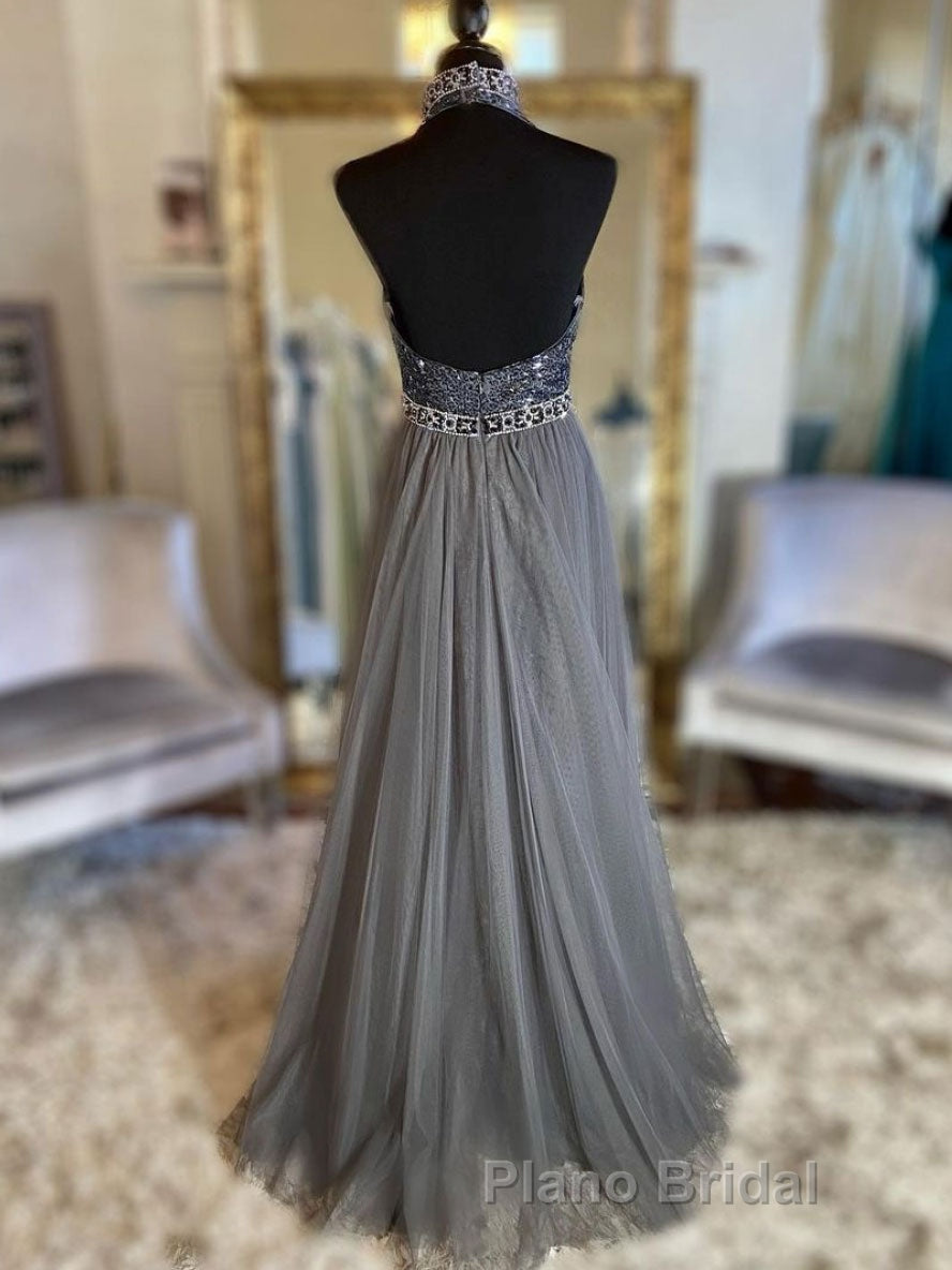 Gray v neck tulle beads long Formal Prom dress, gray tulle formal dress Secondary image