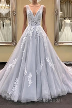 Gray v neck tulle lace applique long Formal Prom dress, gray evening dress