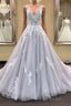 Gray v neck tulle lace applique long Formal Prom dress, gray evening dress