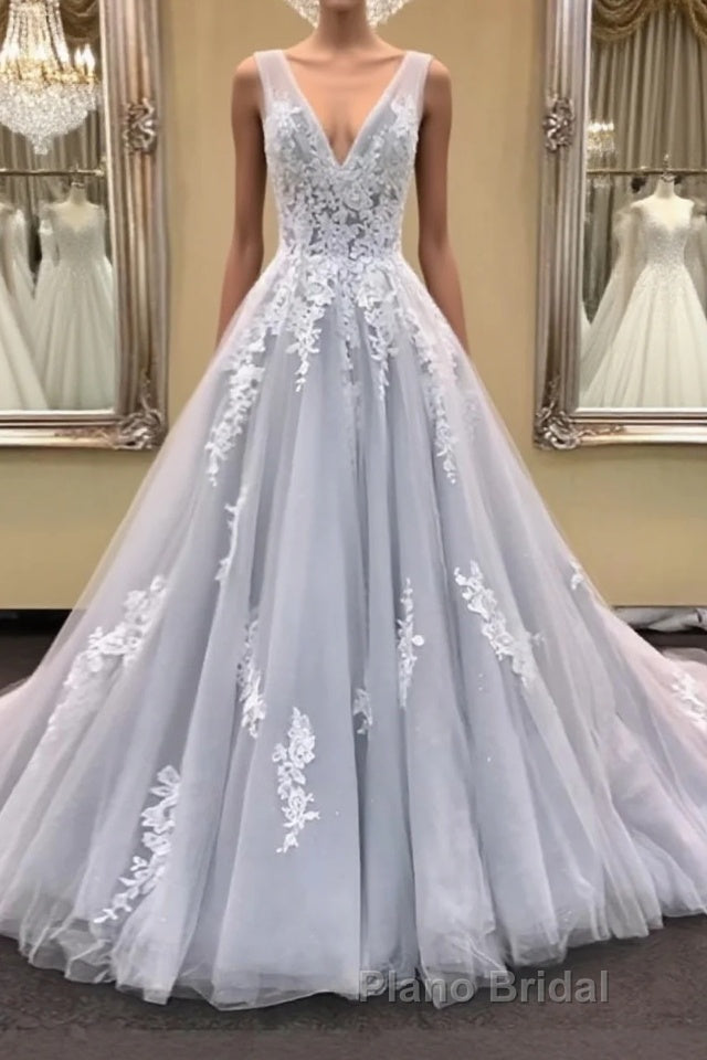 Gray v neck tulle lace applique long Formal Prom dress, gray evening dress Main image