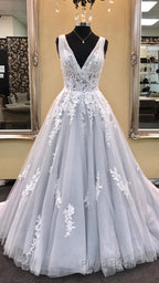 Gray v neck tulle lace applique long Formal Prom dress, gray evening dress