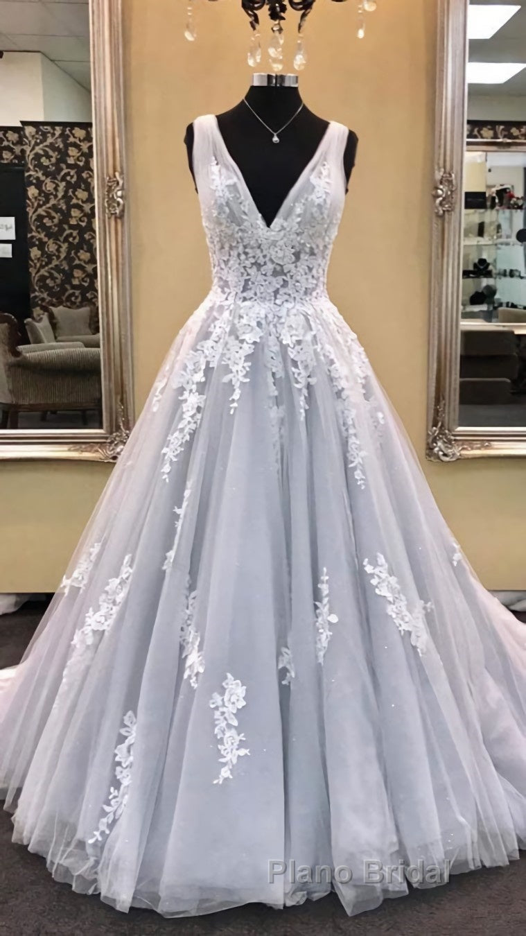 Gray v neck tulle lace applique long Formal Prom dress, gray evening dress Secondary image