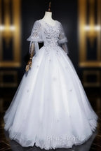 Gray V Neck Tulle Lace Long Formal Prom Dresses, Gray Lace Evening Dresses