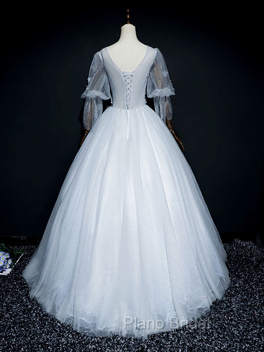 Gray V Neck Tulle Lace Long Formal Prom Dresses, Gray Lace Evening Dresses