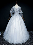 Gray V Neck Tulle Lace Long Formal Prom Dresses, Gray Lace Evening Dresses