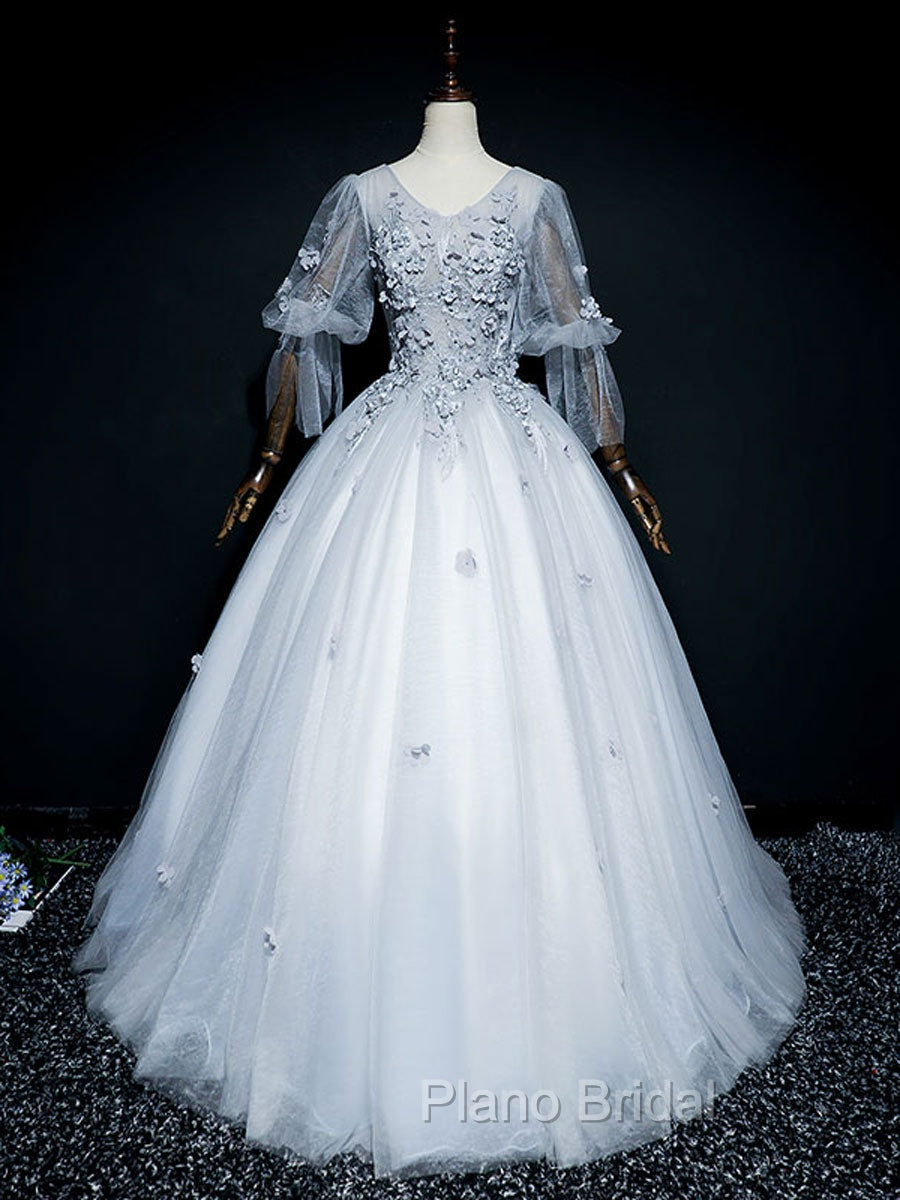 Gray V Neck Tulle Lace Long Formal Prom Dresses, Gray Lace Evening Dresses