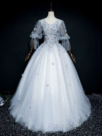 Gray V Neck Tulle Lace Long Formal Prom Dresses, Gray Lace Evening Dresses