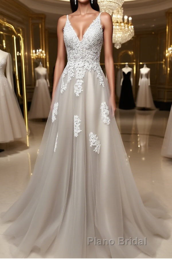 Gray v neck tulle lace long Formal Prom dress, gray tulle evening dress