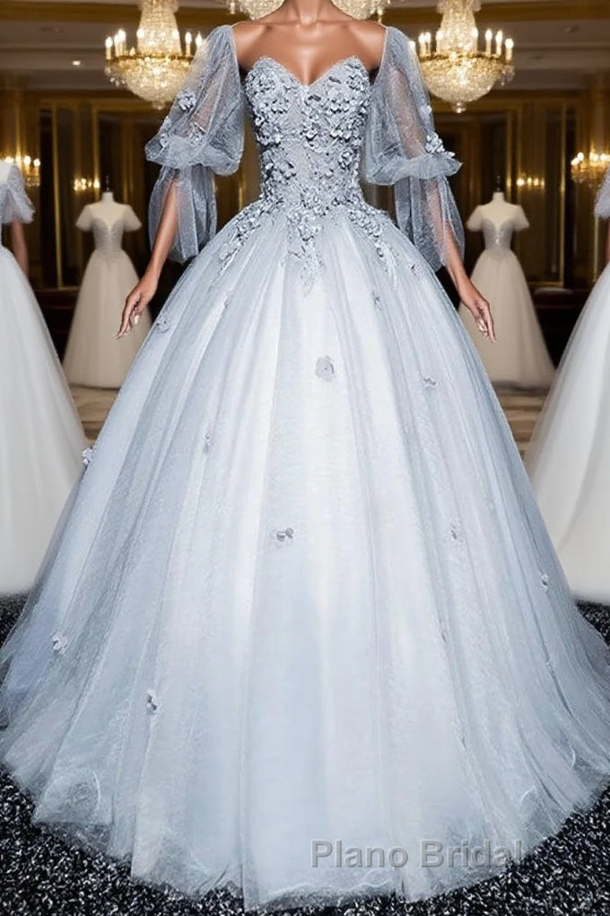 Gray v neck tulle lace long Formal Prom dress, gray tulle lace evening dress Main image