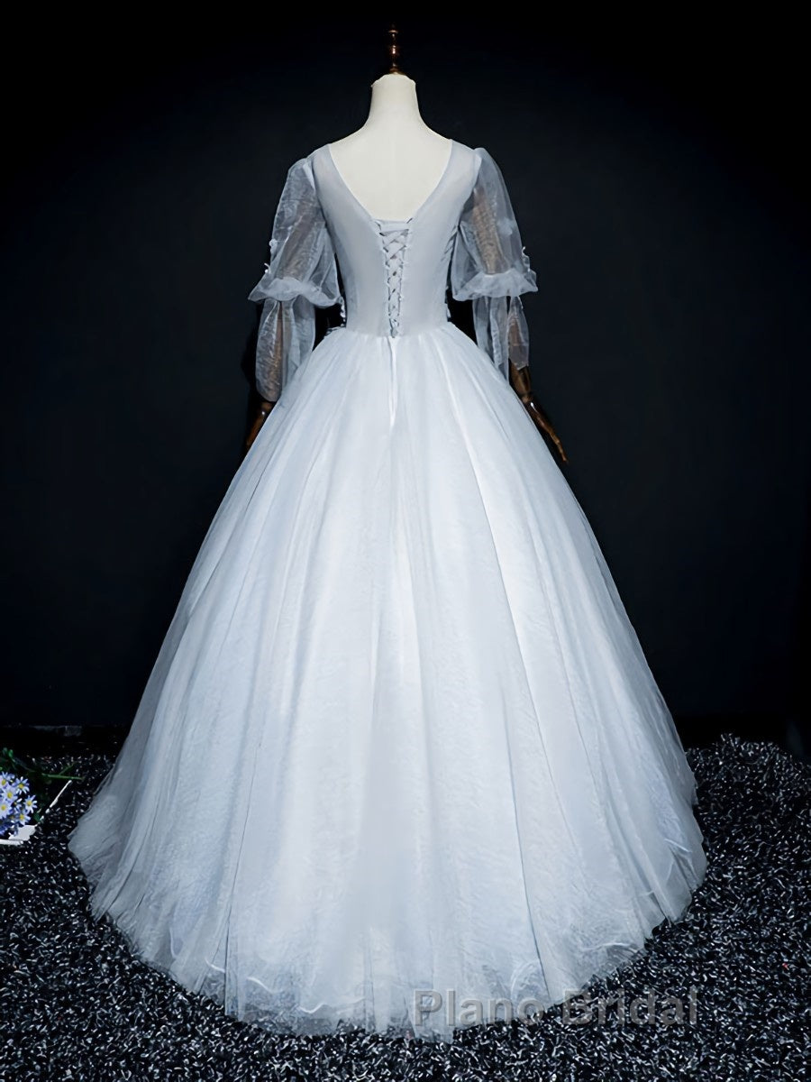 Gray v neck tulle lace long Formal Prom dress, gray tulle lace evening dress Secondary image