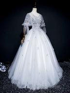 Gray v neck tulle lace long Formal Prom dress, gray tulle lace evening dress