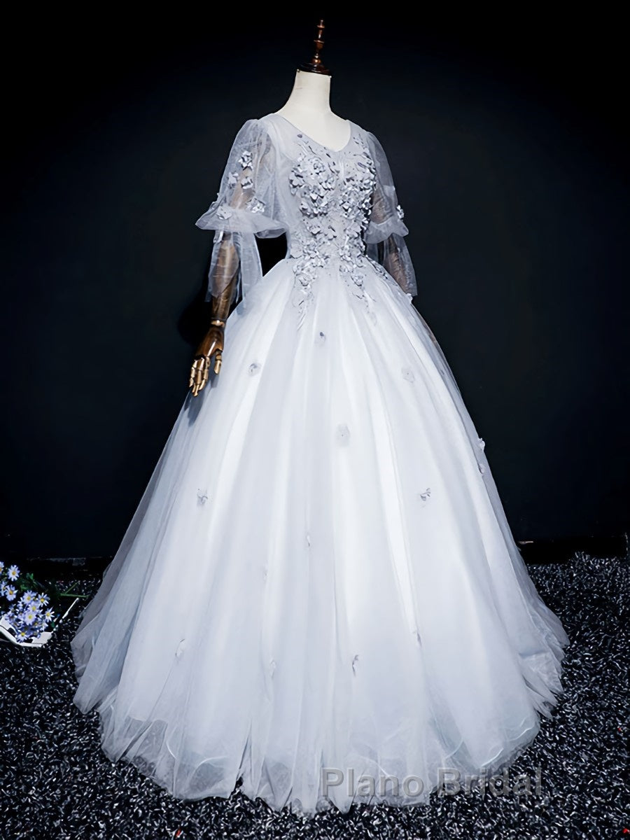 Gray v neck tulle lace long Formal Prom dress, gray tulle lace evening dress