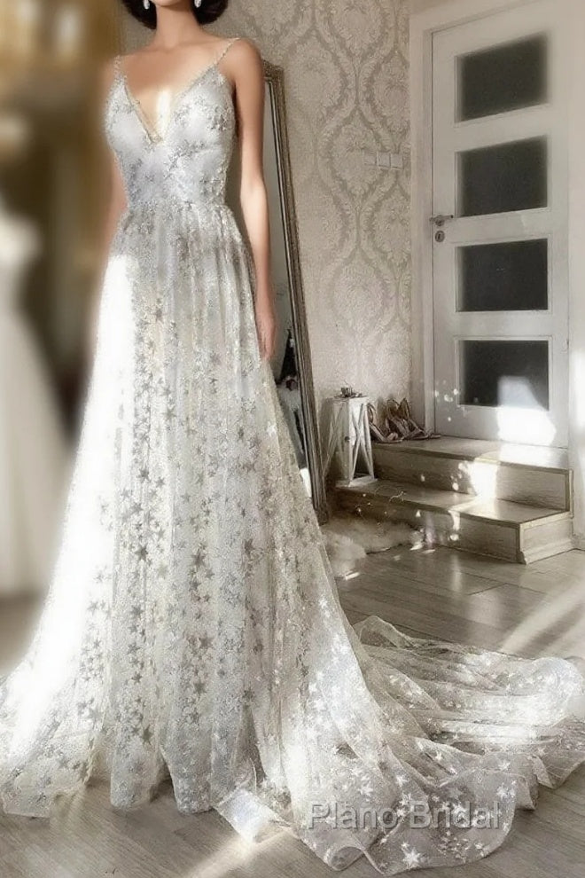 Gray V Neck Tulle Long Formal Prom Dresses Gray Formal Dresses Main image