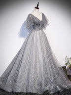 Gray V Neck Tulle Long Formal Prom Dresses, Gray Tulle Sequin Evening Dresses
