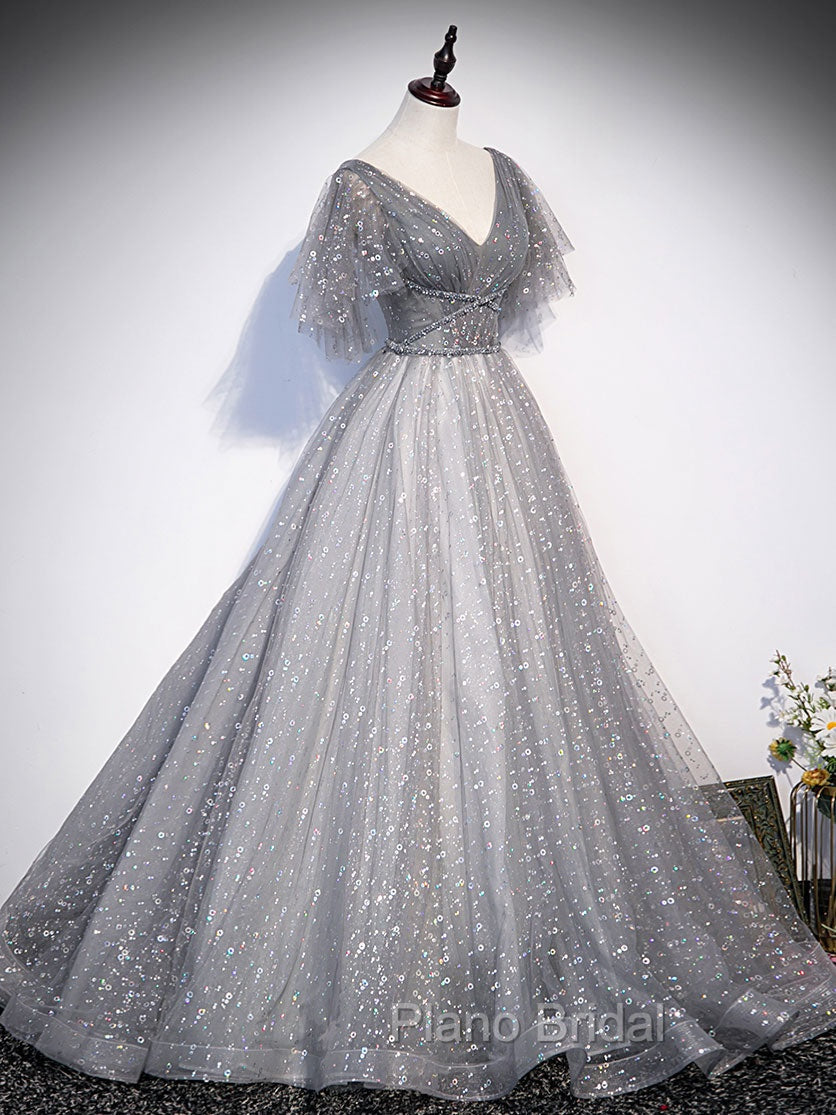 Gray V Neck Tulle Long Formal Prom Dresses, Gray Tulle Sequin Evening Dresses Secondary image