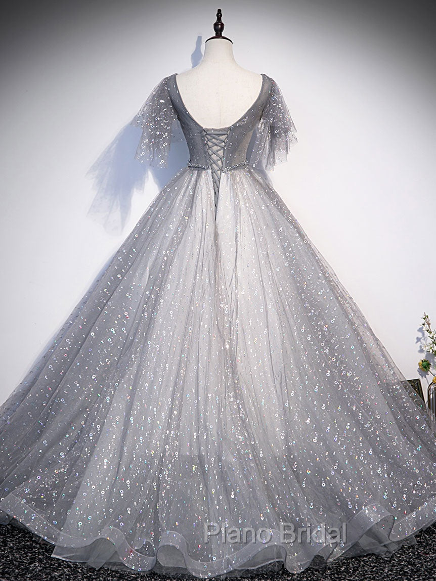 Gray V Neck Tulle Long Formal Prom Dresses, Gray Tulle Sequin Evening Dresses