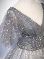 Gray V Neck Tulle Long Formal Prom Dresses, Gray Tulle Sequin Evening Dresses