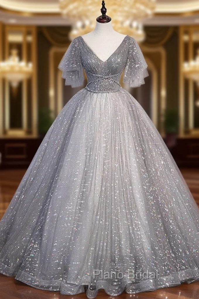 Gray V Neck Tulle Long Formal Prom Dresses, Gray Tulle Sequin Evening Dresses Main image